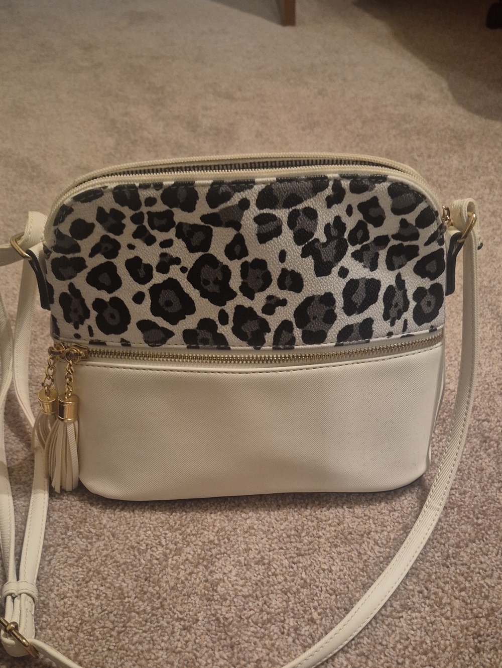 Ivory Crossbody Bag with Black Leopard Print Accent
